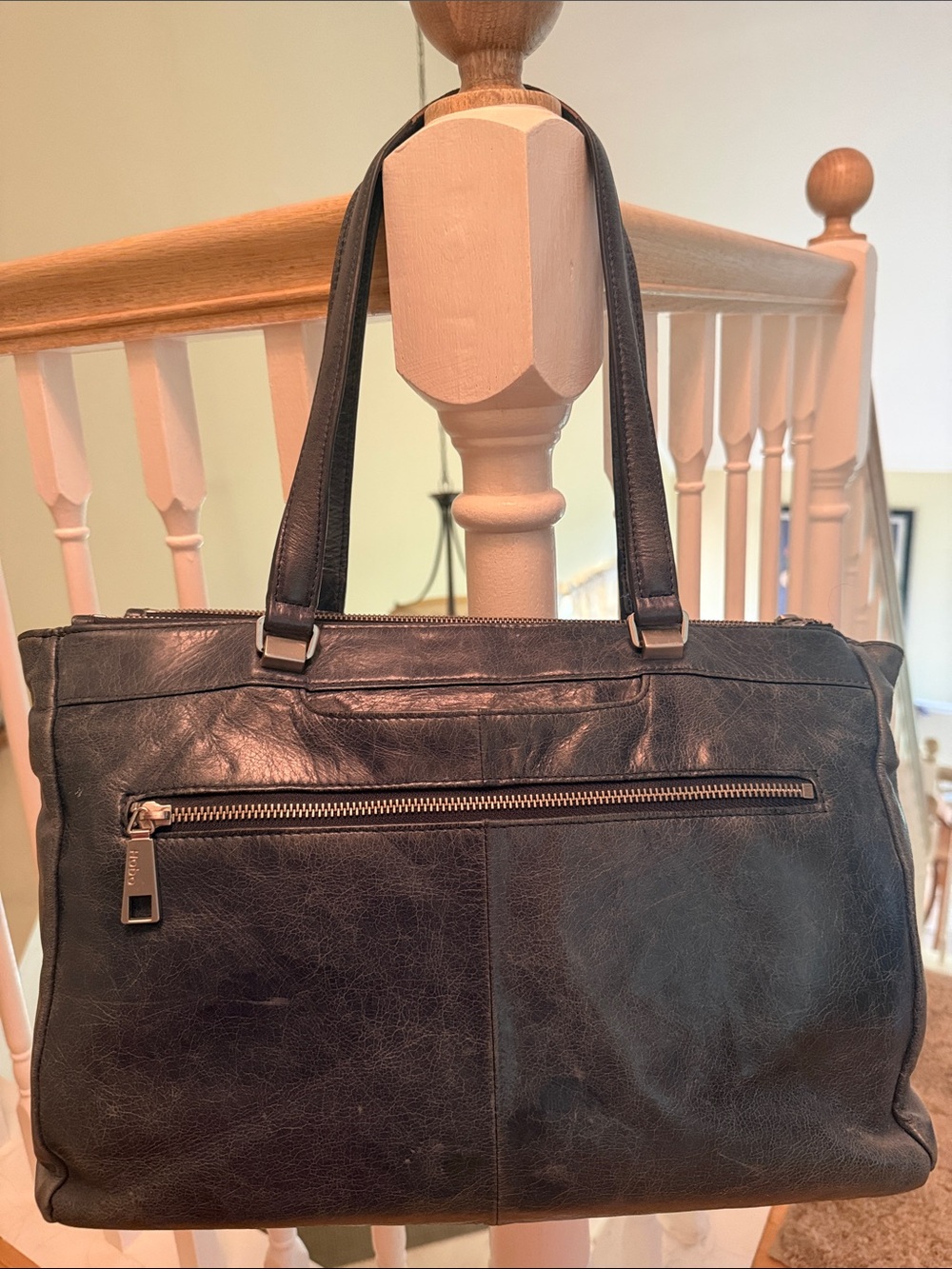 HOBO Black Leather Tote with Exterior Zip Pocket